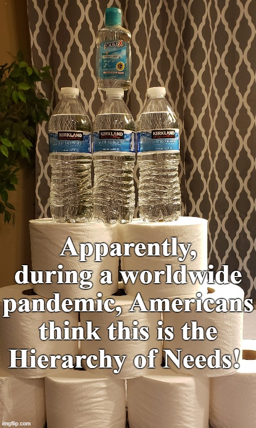 Apparently, during a worldwide pandemic, Americans think this is the Hierarchy of Needs! | image tagged in coronavirus,hoarding,toilet paper,water bottle,hand sanitizer,pandemic | made w/ Imgflip meme maker