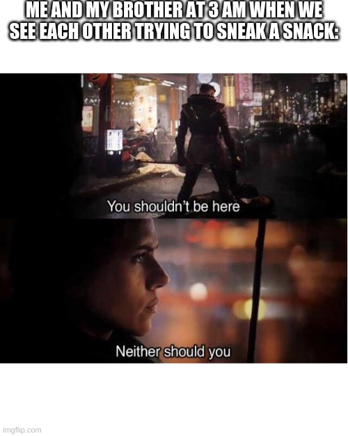 You shouldn't be here, Neither should you | ME AND MY BROTHER AT 3 AM WHEN WE SEE EACH OTHER TRYING TO SNEAK A SNACK: | image tagged in you shouldn't be here neither should you | made w/ Imgflip meme maker