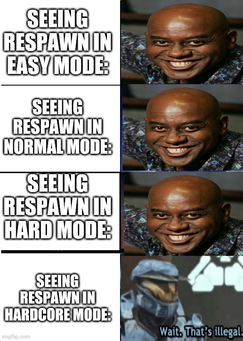 Expanding Brain Meme | SEEING RESPAWN IN EASY MODE:; SEEING RESPAWN IN NORMAL MODE:; SEEING RESPAWN IN HARD MODE:; SEEING RESPAWN IN HARDCORE MODE: | image tagged in memes,expanding brain | made w/ Imgflip meme maker
