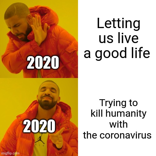 Drake Hotline Bling | Letting us live a good life; 2020; Trying to kill humanity with the coronavirus; 2020 | image tagged in memes,drake hotline bling | made w/ Imgflip meme maker