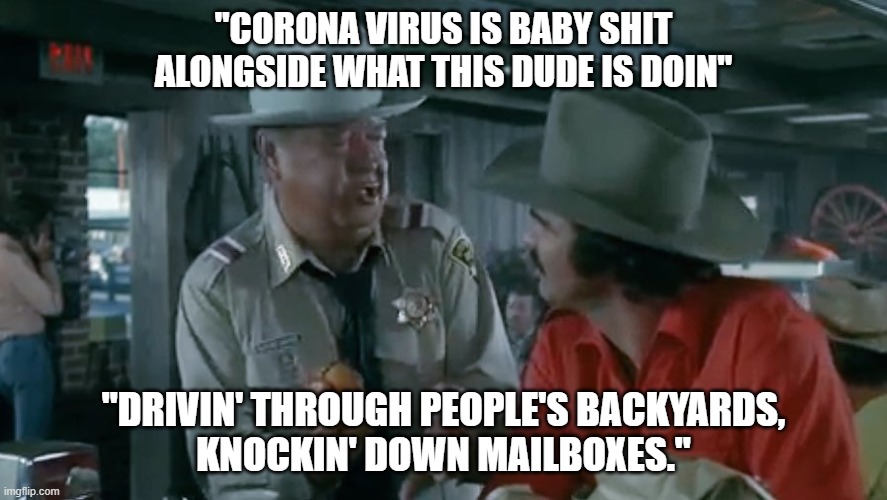 corona bandit | "CORONA VIRUS IS BABY SHIT ALONGSIDE WHAT THIS DUDE IS DOIN"; "DRIVIN' THROUGH PEOPLE'S BACKYARDS,
KNOCKIN' DOWN MAILBOXES." | image tagged in corona virus,covid,bandit,smokey,trans am,chad orner | made w/ Imgflip meme maker