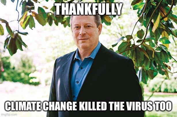 Al Gore Statue | THANKFULLY CLIMATE CHANGE KILLED THE VIRUS TOO | image tagged in al gore statue | made w/ Imgflip meme maker