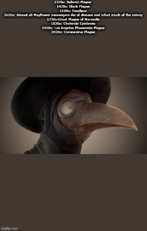 Plague Mask | 1320s: Bubonic Plague 
1420s: Black Plague
1520s: Smallpox
1620s: Almost all Mayflower passengers die of disease and infect much of the colony
1720s:Great Plague of Marassile
1820s: Cholerela Epedemic
1920s: Los Angeles Phuenomic Plague
2020s: Coronavirus Plague | image tagged in plague mask | made w/ Imgflip meme maker