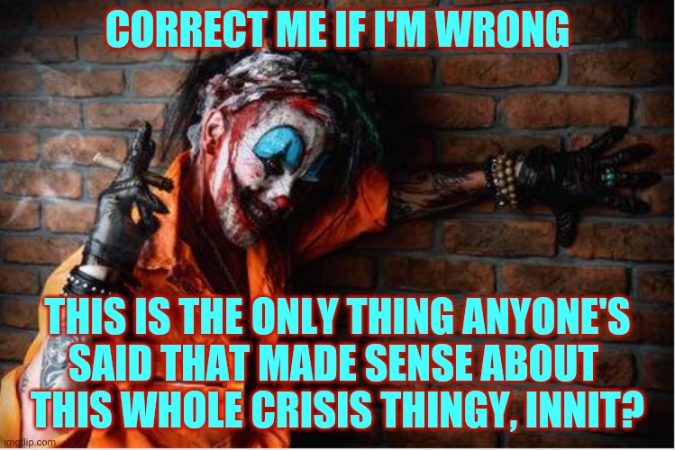 w | CORRECT ME IF I'M WRONG THIS IS THE ONLY THING ANYONE'S SAID THAT MADE SENSE ABOUT    THIS WHOLE CRISIS THINGY, INNIT? | image tagged in evil clown | made w/ Imgflip meme maker