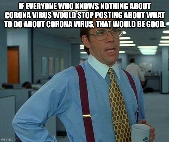 That Would Be Great | IF EVERYONE WHO KNOWS NOTHING ABOUT CORONA VIRUS WOULD STOP POSTING ABOUT WHAT TO DO ABOUT CORONA VIRUS, THAT WOULD BE GOOD. | image tagged in memes,that would be great | made w/ Imgflip meme maker