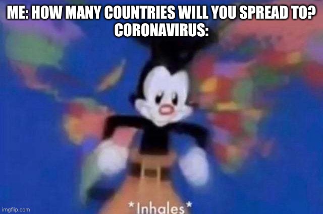 *inhales* | ME: HOW MANY COUNTRIES WILL YOU SPREAD TO?
CORONAVIRUS: | image tagged in inhales | made w/ Imgflip meme maker