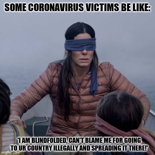 Bird Box | SOME CORONAVIRUS VICTIMS BE LIKE:; 'I AM BLINDFOLDED, CAN'T BLAME ME FOR GOING TO UR COUNTRY ILLEGALLY AND SPREADING IT THERE!' | image tagged in memes,bird box | made w/ Imgflip meme maker