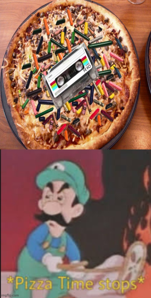 Pizza with crayons, tape cassette, sausage, and cheese toppings | image tagged in pizza time stops,pizza,cursed image,funny,memes,fun | made w/ Imgflip meme maker