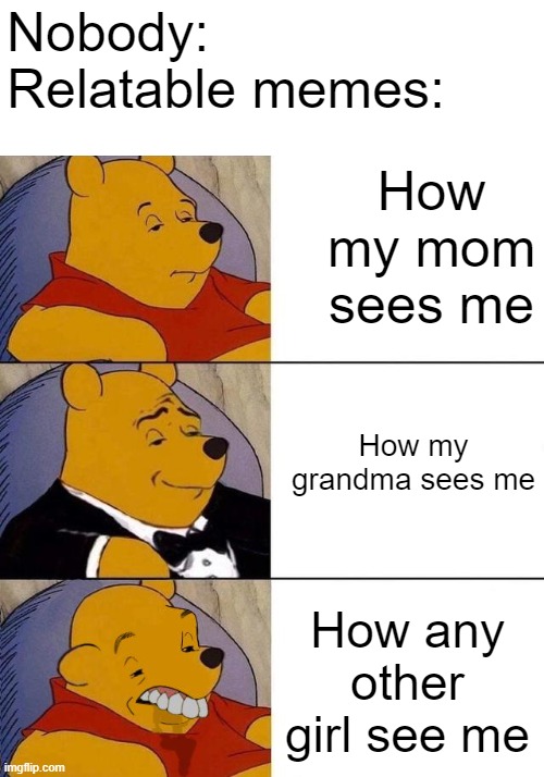 Relatable memes be like... | Nobody:
Relatable memes:; How my mom sees me; How my grandma sees me; How any other girl see me | image tagged in best better blurst,relatable,winnie the pooh,memes,so true memes,mom | made w/ Imgflip meme maker