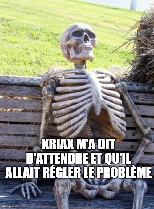 Waiting Skeleton Meme | KRIAX M'A DIT D'ATTENDRE ET QU'IL ALLAIT RÉGLER LE PROBLÈME | image tagged in memes,waiting skeleton | made w/ Imgflip meme maker