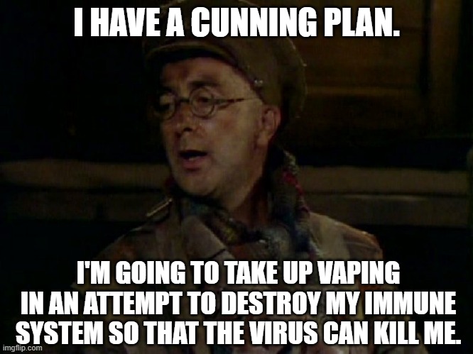 Baldrick | I HAVE A CUNNING PLAN. I'M GOING TO TAKE UP VAPING IN AN ATTEMPT TO DESTROY MY IMMUNE SYSTEM SO THAT THE VIRUS CAN KILL ME. | image tagged in baldrick | made w/ Imgflip meme maker