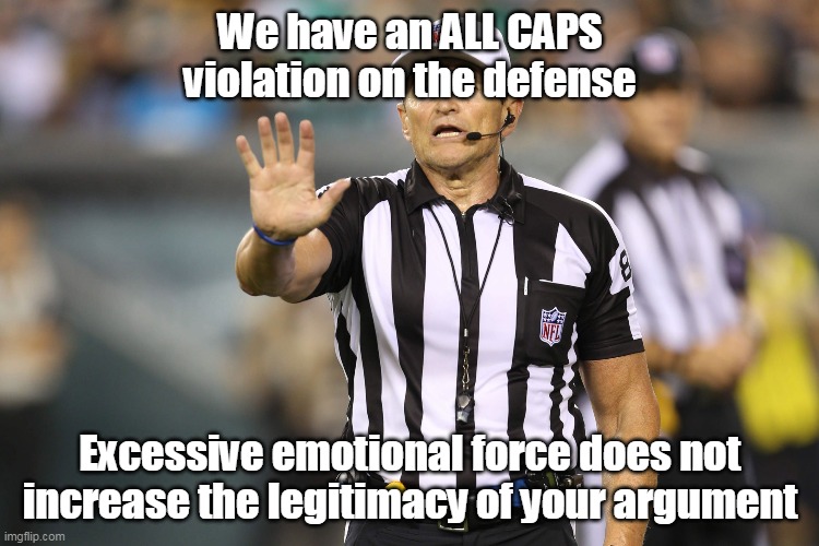 ALL CAPS VIOLATION | We have an ALL CAPS violation on the defense; Excessive emotional force does not increase the legitimacy of your argument | image tagged in memes,ed hochuli fallacy referee,appeal to emotion fallacy | made w/ Imgflip meme maker