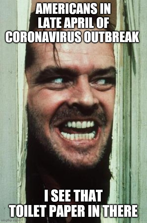 Here's Johnny Meme | AMERICANS IN LATE APRIL OF CORONAVIRUS OUTBREAK; I SEE THAT TOILET PAPER IN THERE | image tagged in memes,heres johnny | made w/ Imgflip meme maker