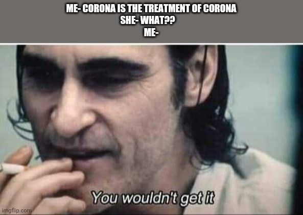 You wouldn't get it | ME- CORONA IS THE TREATMENT OF CORONA
 SHE- WHAT??     
ME- | image tagged in you wouldn't get it | made w/ Imgflip meme maker