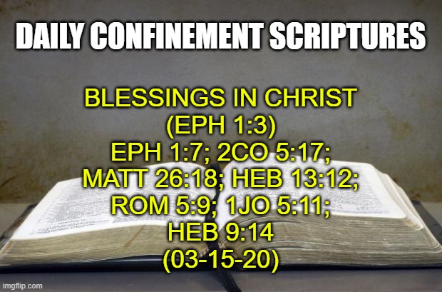 Bible | DAILY CONFINEMENT SCRIPTURES; BLESSINGS IN CHRIST
(EPH 1:3)
EPH 1:7; 2CO 5:17;
MATT 26:18; HEB 13:12;
ROM 5:9; 1JO 5:11;
HEB 9:14
(03-15-20) | image tagged in bible | made w/ Imgflip meme maker