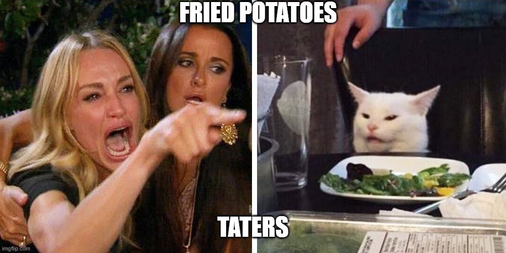 Smudge the cat | FRIED POTATOES; TATERS | image tagged in smudge the cat | made w/ Imgflip meme maker