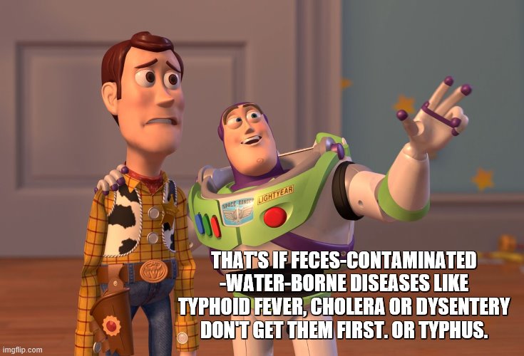 X, X Everywhere Meme | THAT'S IF FECES-CONTAMINATED -WATER-BORNE DISEASES LIKE TYPHOID FEVER, CHOLERA OR DYSENTERY DON'T GET THEM FIRST. OR TYPHUS. | image tagged in memes,x x everywhere | made w/ Imgflip meme maker