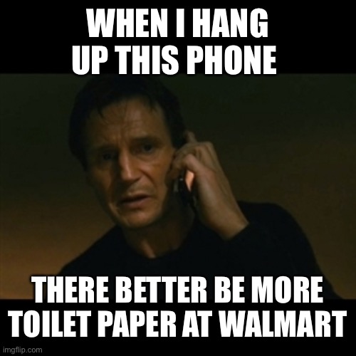 Liam Neeson Taken Meme | WHEN I HANG UP THIS PHONE; THERE BETTER BE MORE TOILET PAPER AT WALMART | image tagged in memes,liam neeson taken | made w/ Imgflip meme maker