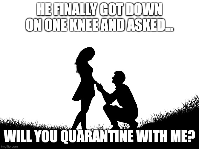 Apocalypse proposal | HE FINALLY GOT DOWN ON ONE KNEE AND ASKED... WILL YOU QUARANTINE WITH ME? | image tagged in apocalypse proposal | made w/ Imgflip meme maker