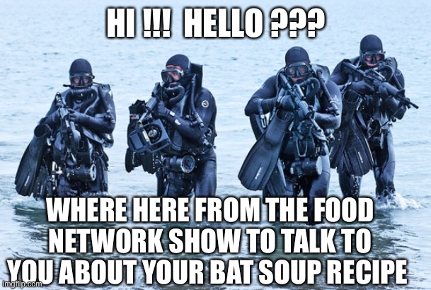 Navy SEALs in surf | HI !!!  HELLO ??? WHERE HERE FROM THE FOOD NETWORK SHOW TO TALK TO YOU ABOUT YOUR BAT SOUP RECIPE | image tagged in navy seals in surf | made w/ Imgflip meme maker