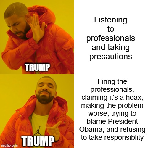 Drake Hotline Bling Meme | Listening to professionals and taking precautions; TRUMP; Firing the professionals, claiming it's a hoax, making the problem worse, trying to blame President Obama, and refusing to take responsiblity; TRUMP | image tagged in drake hotline bling,coronavirus,donald trump is an idiot | made w/ Imgflip meme maker