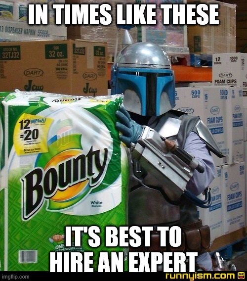 Bounty Hunter | IN TIMES LIKE THESE; IT'S BEST TO HIRE AN EXPERT | image tagged in the mandalorian,no more toilet paper | made w/ Imgflip meme maker