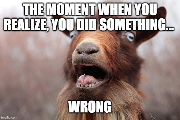 GoatScream2014 | THE MOMENT WHEN YOU REALIZE, YOU DID SOMETHING... WRONG | image tagged in goatscream2014 | made w/ Imgflip meme maker