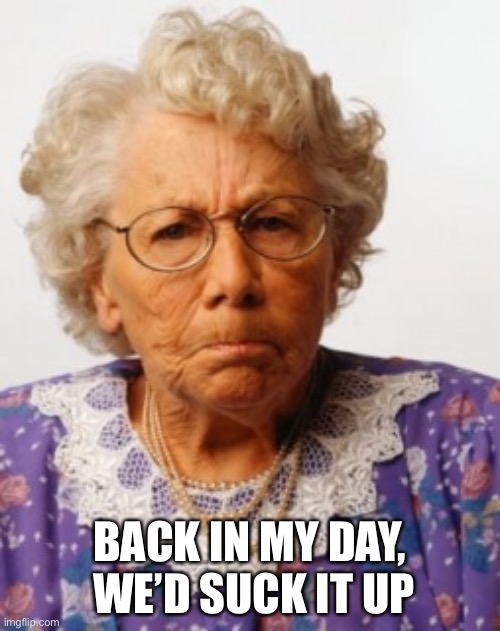 Angry Old Woman | BACK IN MY DAY,
 WE’D SUCK IT UP | image tagged in angry old woman | made w/ Imgflip meme maker