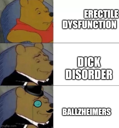 Fancy pooh | ERECTILE DYSFUNCTION; DICK DISORDER; BALLZHEIMERS | image tagged in fancy pooh | made w/ Imgflip meme maker
