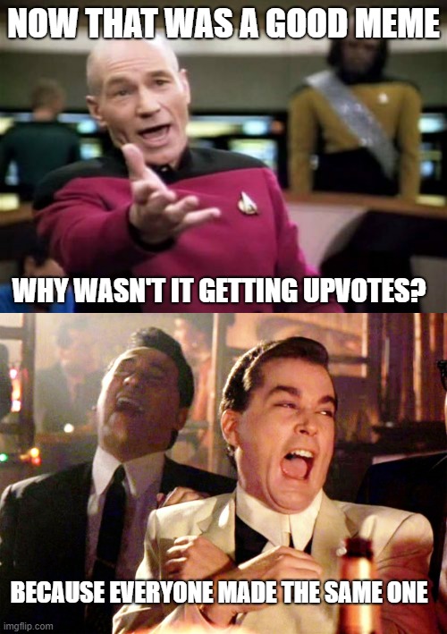 Reposts Don't Get Upvotes | NOW THAT WAS A GOOD MEME; WHY WASN'T IT GETTING UPVOTES? BECAUSE EVERYONE MADE THE SAME ONE | image tagged in memes,picard wtf,good fellas hilarious,reposts,upvotes,fishing for upvotes | made w/ Imgflip meme maker