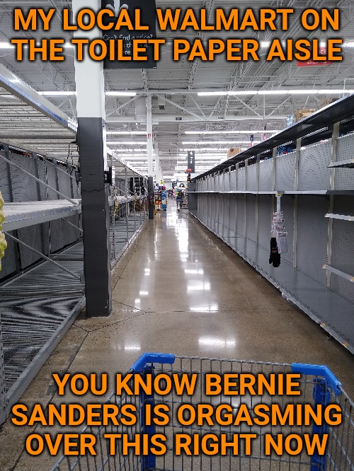 You know he's loving this right now. Loves seeing empty grocery shelves and bread lines. | MY LOCAL WALMART ON THE TOILET PAPER AISLE; YOU KNOW BERNIE SANDERS IS ORGASMING OVER THIS RIGHT NOW | image tagged in memes,coronavirus,toilet paper,socialism,communism,bernie sanders | made w/ Imgflip meme maker