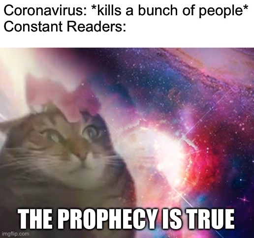 The Prophecy | Coronavirus: *kills a bunch of people*
Constant Readers:; THE PROPHECY IS TRUE | image tagged in the prophecy is true cat,stephen king,coronavirus,captain trips,prophecy | made w/ Imgflip meme maker