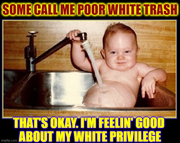 Just Chillin' in the Sink | SOME CALL ME POOR WHITE TRASH; THAT'S OKAY. I'M FEELIN' GOOD         ABOUT MY WHITE PRIVILEGE | image tagged in vince vance,poor white trash,white privilege,baby meme,kitchen,sink | made w/ Imgflip meme maker