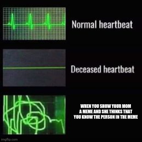 heartbeat rate | WHEN YOU SHOW YOUR MOM A MEME AND SHE THINKS THAT YOU KNOW THE PERSON IN THE MEME | image tagged in heartbeat rate | made w/ Imgflip meme maker