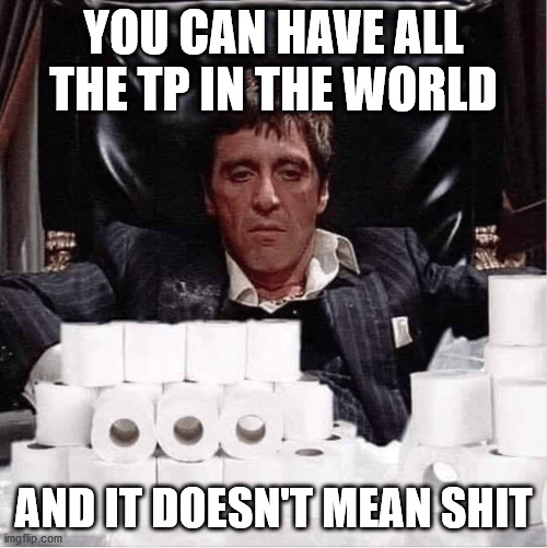 Scarface COVID-19 | YOU CAN HAVE ALL THE TP IN THE WORLD; AND IT DOESN'T MEAN SHIT | image tagged in scarface covid-19,coronavirus,toilet paper,panic | made w/ Imgflip meme maker
