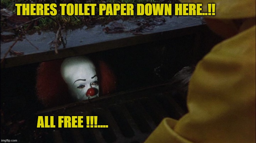 it clown in sewer | THERES TOILET PAPER DOWN HERE..!! ALL FREE !!!.... | image tagged in it clown in sewer | made w/ Imgflip meme maker