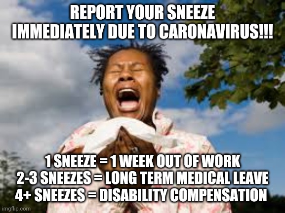 Caronavirus = Workleave | REPORT YOUR SNEEZE IMMEDIATELY DUE TO CARONAVIRUS!!! 1 SNEEZE = 1 WEEK OUT OF WORK
2-3 SNEEZES = LONG TERM MEDICAL LEAVE
4+ SNEEZES = DISABILITY COMPENSATION | image tagged in work life | made w/ Imgflip meme maker
