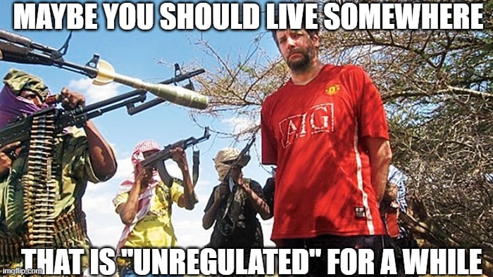 Somalian Pirates RPG | MAYBE YOU SHOULD LIVE SOMEWHERE THAT IS "UNREGULATED" FOR A WHILE | image tagged in somalian pirates rpg | made w/ Imgflip meme maker