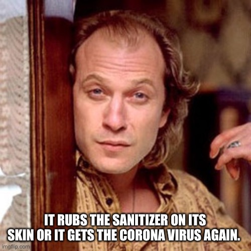 Buffalo Bill Silence of the lambs | IT RUBS THE SANITIZER ON ITS SKIN OR IT GETS THE CORONA VIRUS AGAIN. | image tagged in buffalo bill silence of the lambs | made w/ Imgflip meme maker
