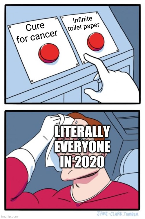 Two Buttons | Infinite toilet paper; Cure for cancer; LITERALLY EVERYONE IN 2020 | image tagged in memes,two buttons | made w/ Imgflip meme maker