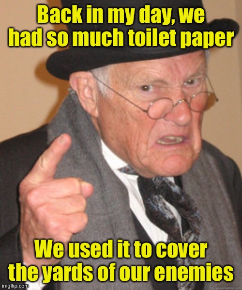 Back In My Day Meme | Back in my day, we had so much toilet paper; We used it to cover the yards of our enemies | image tagged in memes,back in my day,no more toilet paper | made w/ Imgflip meme maker
