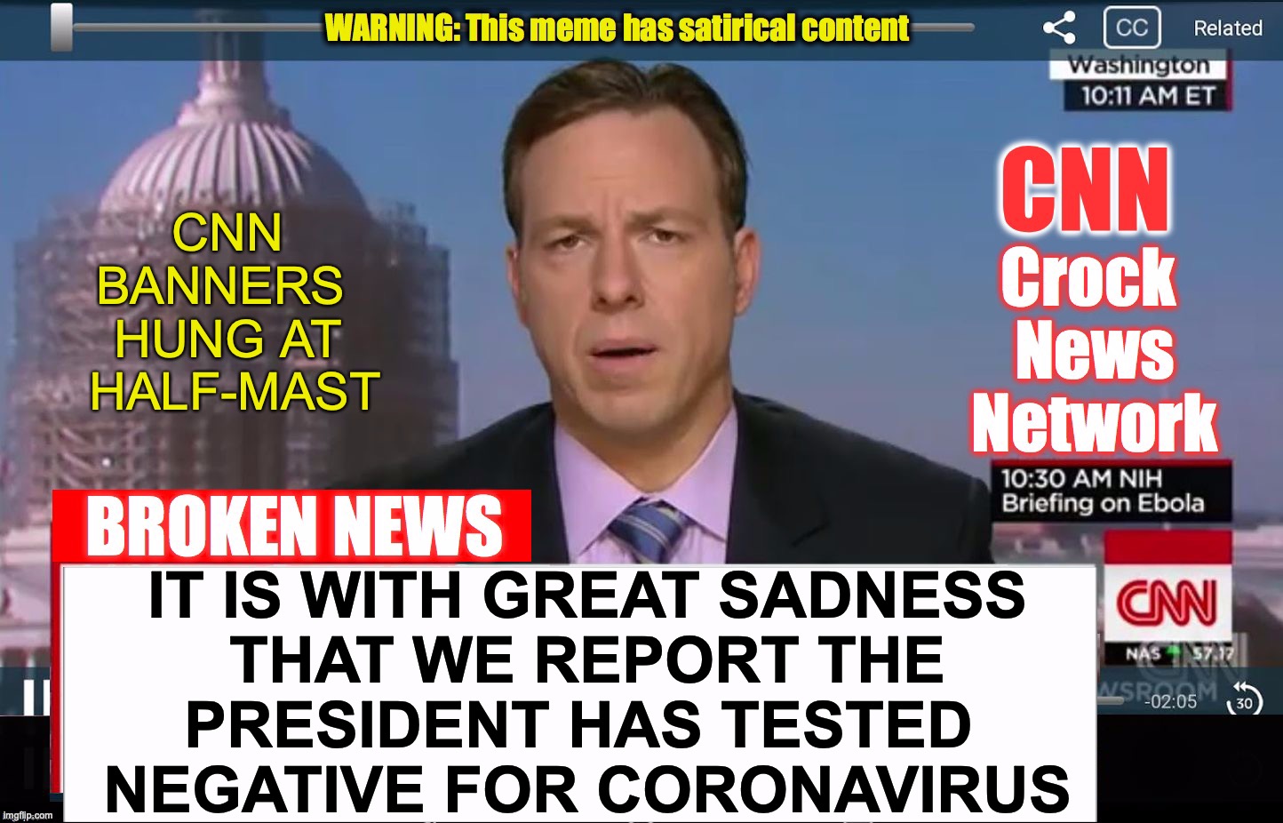 Oh, why don't they just come out and scream it already? | CNN BANNERS 
HUNG AT
 HALF-MAST; IT IS WITH GREAT SADNESS
 THAT WE REPORT THE 
PRESIDENT HAS TESTED 
NEGATIVE FOR CORONAVIRUS | image tagged in cnn crock news network,coronavirus,corona,trump | made w/ Imgflip meme maker