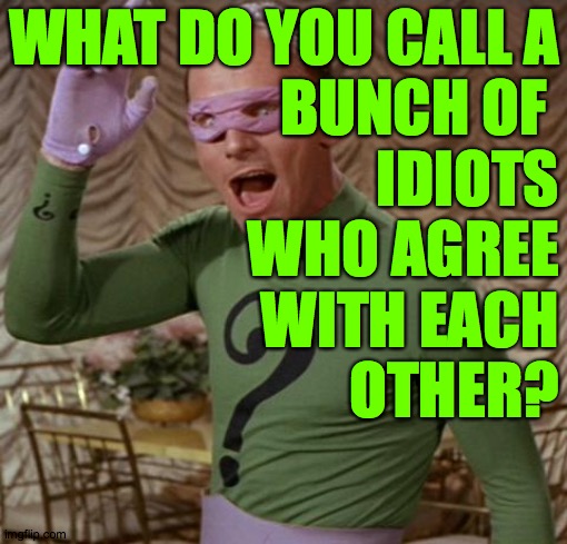 Riddler | WHAT DO YOU CALL A
BUNCH OF 
IDIOTS
WHO AGREE
WITH EACH
OTHER? | image tagged in riddler,memes,it's a trap,lol | made w/ Imgflip meme maker