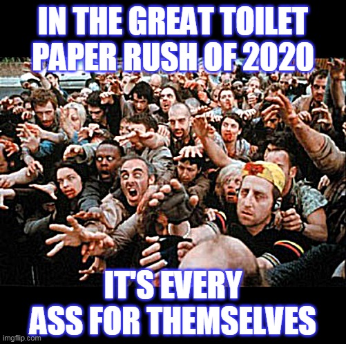 It's disturbing to see just how much control we've allowed the anti-Trump media to have over the country's population | IN THE GREAT TOILET PAPER RUSH OF 2020; IT'S EVERY ASS FOR THEMSELVES | image tagged in coronavirus,no more toilet paper,political,biased media,politics | made w/ Imgflip meme maker