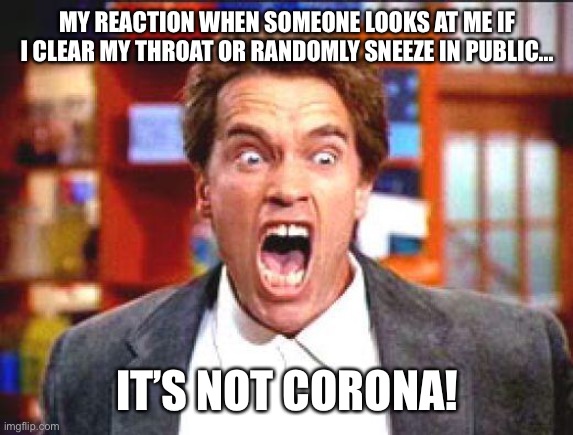 arnold | MY REACTION WHEN SOMEONE LOOKS AT ME IF I CLEAR MY THROAT OR RANDOMLY SNEEZE IN PUBLIC... IT’S NOT CORONA! | image tagged in arnold | made w/ Imgflip meme maker