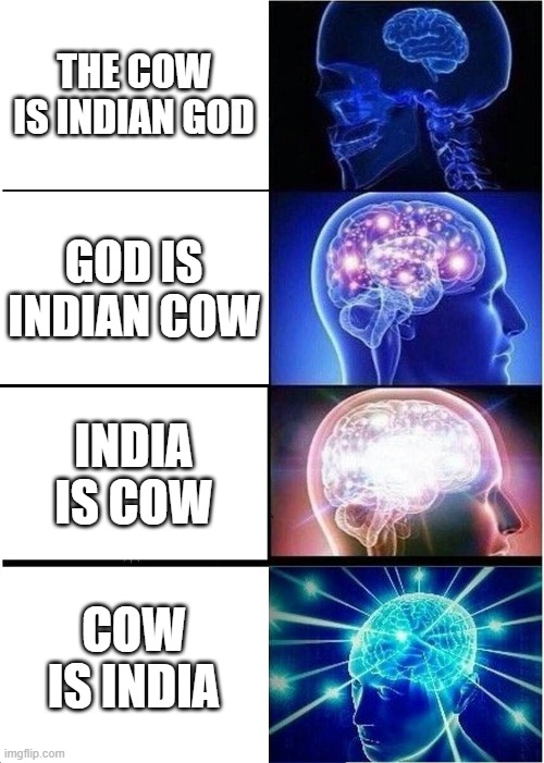 Expanding Brain | THE COW IS INDIAN GOD; GOD IS INDIAN COW; INDIA IS COW; COW IS INDIA | image tagged in memes,expanding brain | made w/ Imgflip meme maker