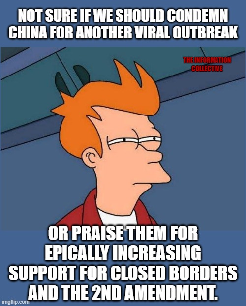 Countries are locking down their borders, experiencing medical, water, and food shortages, and I'm just here like... | NOT SURE IF WE SHOULD CONDEMN CHINA FOR ANOTHER VIRAL OUTBREAK; THE INFORMATION COLLECTIVE; OR PRAISE THEM FOR EPICALLY INCREASING SUPPORT FOR CLOSED BORDERS AND THE 2ND AMENDMENT. | image tagged in memes,politics,coronavirus,china,open borders,2nd amendment | made w/ Imgflip meme maker