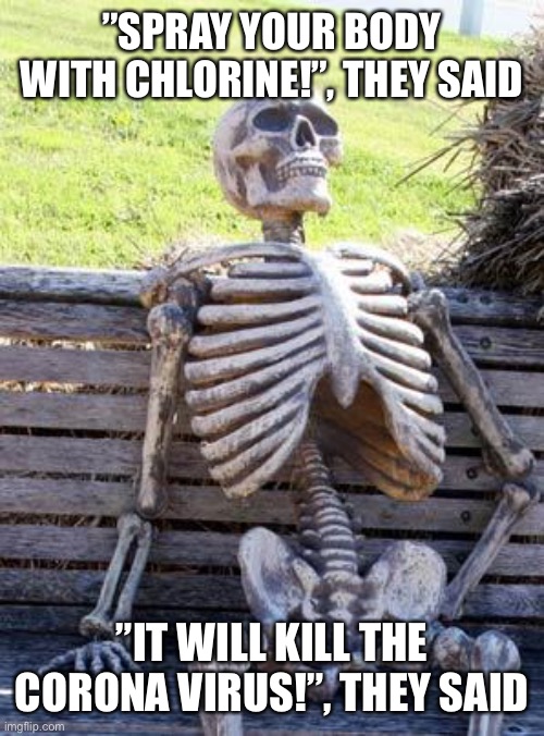 Just *duh* *facepalm* | ”SPRAY YOUR BODY WITH CHLORINE!”, THEY SAID; ”IT WILL KILL THE CORONA VIRUS!”, THEY SAID | image tagged in memes,waiting skeleton | made w/ Imgflip meme maker