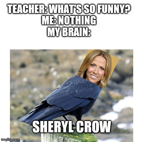 TEACHER: WHAT'S SO FUNNY?
ME: NOTHING
MY BRAIN:; SHERYL CROW | image tagged in blank | made w/ Imgflip meme maker