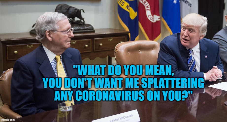 Mitch 'n' Don | "WHAT DO YOU MEAN, YOU DON'T WANT ME SPLATTERING ANY CORONAVIRUS ON YOU?" | image tagged in politics | made w/ Imgflip meme maker